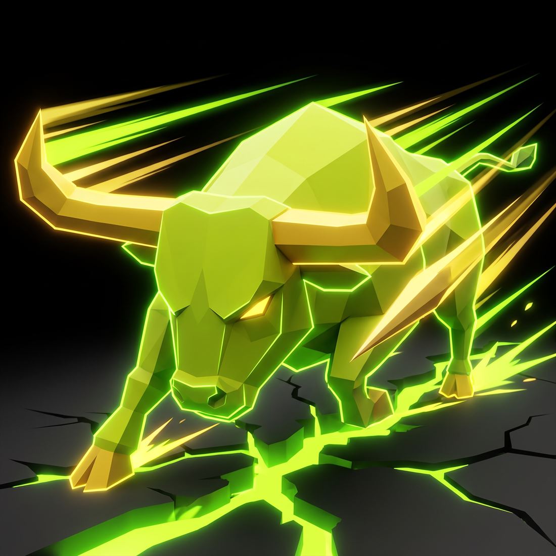 Neon bull charging and cracking the ground
