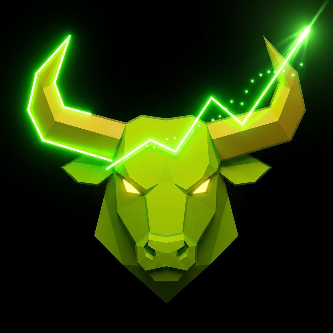 Bull head with a neon green chart line running through the horns
